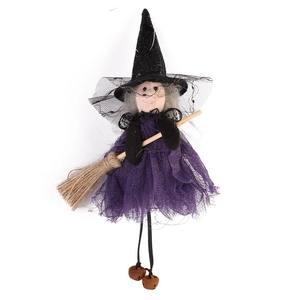 Halloween flying witch doll in purple mesh skirt with wooden broom decoration