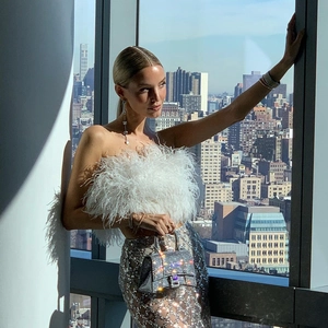 Elegant Women Outfit Feather Tube Top And Sequin Mesh Long Skirt Slim Fit Evening Party Clubwear Stylish Luxury