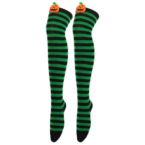 Detail of Halloween over-knee socks with green and black stripes and pumpkin patch