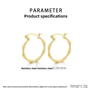 Detailed parameter view of gold bamboo-textured stainless steel hoop earrings 22x2mm