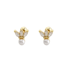 Elegant s925 silver gold-plated stud earrings with marquise zircon and white pearl