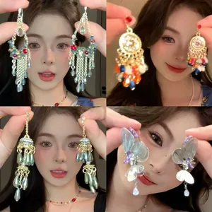 Butterfly Long Tassel Drop Earrings With Silver Earring Post Alloy Rhinestone Crystal Vintage Aesthetic Jewelry For Women