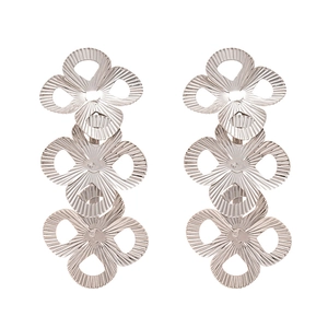 Silver metallic layered flower fringe earrings with textured striped petal design