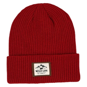 Winter striped knit beanie in deep red with Wild Life adventure patch outdoor style