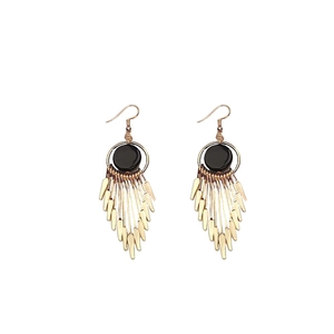 Bohemian gold tassel earrings with black beads and sunburst spike fringe design