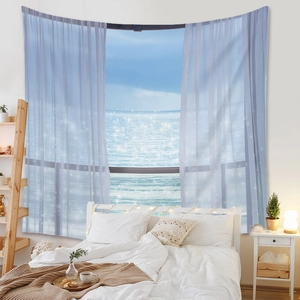 Detail view of polyester tapestry featuring a serene ocean window view as wall decor
