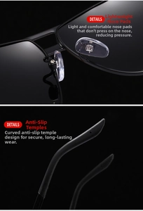 Detail view of lightweight transparent nose pads and non-slip curved temple tips on sunglasses