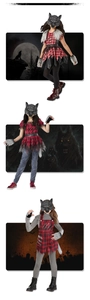 Detailed werewolf costume set for kids featuring plaid fabric and realistic wolf masks