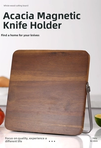 Macro shot of vertical acacia wood magnetic knife block with premium natural wood grain