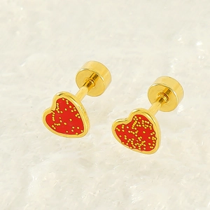 French style heart earrings with red enamel and yellow polka dots on golden titanium steel