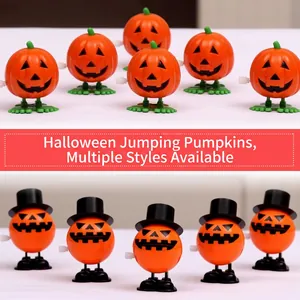 Wind-up jumping pumpkin toys set featuring classic jack-o'-lantern and top hat pumpkin man