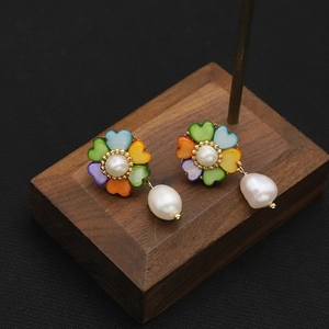 Flower Dangle Earrings Multi Color Shell Freshwater Artificial Baroque Pearl 18K Gold Plated 925 Sterling Silver Earring Post Women