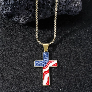 Hip hop style gold necklace with American flag cross pendant on black stone base