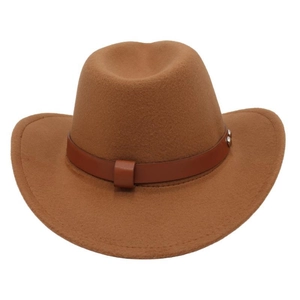 Close-up of camel felt cowboy hat with brown leather band and metal rivet accents