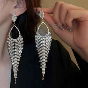 Luxurious water drop fringe tassel earrings with shimmering rhinestones for women