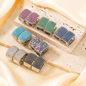 Chic square hoop earrings with multi-color zircon pavé setting on stone background