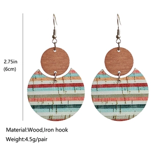 Bohemian double-circle wood earrings with colorful stripes and iron hooks for women