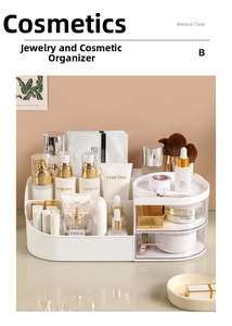 Detailansicht weißer Kosmetik-Organizer mit transparenten Schubladen und Lippenstift-Fächern