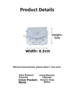 Detailed dimensions of blue star polyester earphone case with pink heart button