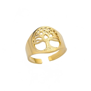Bague ouverte plaquée or 18k avec motif géométrique circulaire de l'arbre de vie
