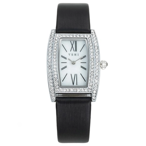 Elegant rectangular silver watch with crystal bezel and black leather strap on white background
