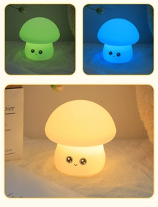 Detail showing mushroom silicone night light glowing in green blue and warm yellow colors