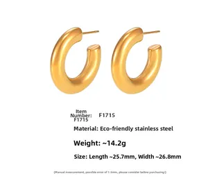 Detailed view of polished gold PVD stainless steel C-shaped hoop earrings with dimensions