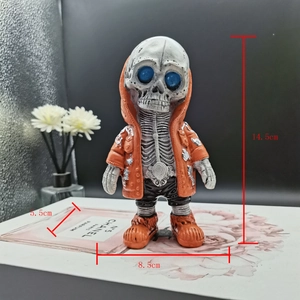Detailed size specifications of the skeleton alien figurine in orange hoodie with 14.5cm height