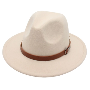 Classic beige fedora hat with a brown leather belt buckle for women and men