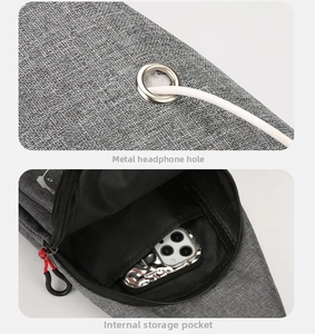 Detail of grey crossbody bag showing metal earphone port and internal phone pocket