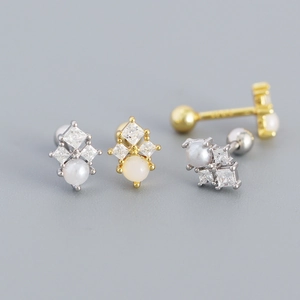 Artificial Pearl Stud Earrings With 925 Sterling Silver Earring Post Square Cubic Zirconia Geometric Cluster Screw Back For Women