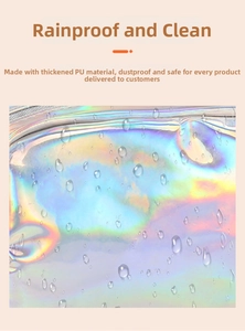 Detail of waterproof laser PU material showing iridescent texture and dustproof surface