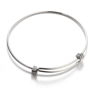 Minimalist 304 stainless steel adjustable round wire bangle with smooth silver finish
