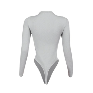 Back view of grey knitted long sleeve bodysuit with ribbed texture and slim fit design