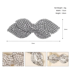 Detailed size specifications of silver crystal bow hair clip with luxury rhinestones
