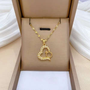 Heart Pendant Necklace Stainless Steel Chain Copper Zirconia Inlaid Ring Design Women Elegant Luxury Jewelry Accessory