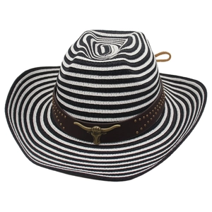 Chapeau de paille cowboy rayé avec bande en cuir marron et ornement tête de taureau