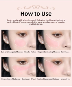 Detail guide showing four different blush application techniques for various makeup styles