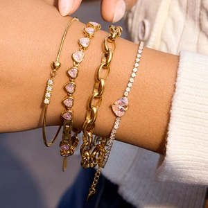 Elegant 18K gold plated tennis bracelet set with pink heart-shaped zircon stones
