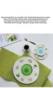 Detail showing 0.9cm thick woven cotton rope placemat with creative pear pattern printing