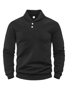 Detail of black waffle knit fabric and shawl collar buttons on men's pullover sweatshirt