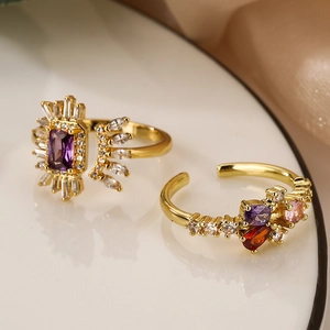 Open Adjustable Ring Copper Gold Plated Irregular Geometric Multicolor Zircon Light Luxury Fashion Jewelry For Women