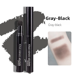 Gray-black hairline contour stick featuring a sponge tip applicator and skin color swatch