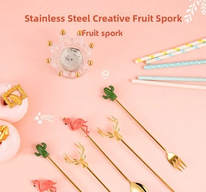 Creative stainless steel fruit forks and spoons with flamingo and cactus decorative tops