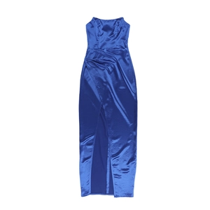 Close-up of elegant royal blue satin strapless gown featuring high slit and smooth texture