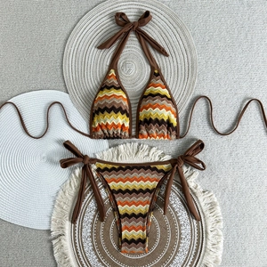 Detailed view of bohemian zig-zag knit bikini with earthy tones and side tie details