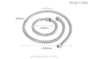 8mm silver stainless steel Cuban chain set with 500mm necklace and 200mm bracelet