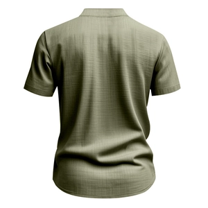 Macro detail of men's olive linen henley shirt back showing slub fabric texture