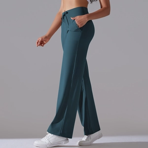 High-waisted wide-leg yoga pants with drawstring and side pockets in dark teal