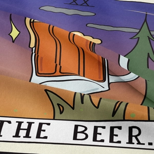Macro detail of Bohemian tapestry showing twill fabric texture and The Beer illustration